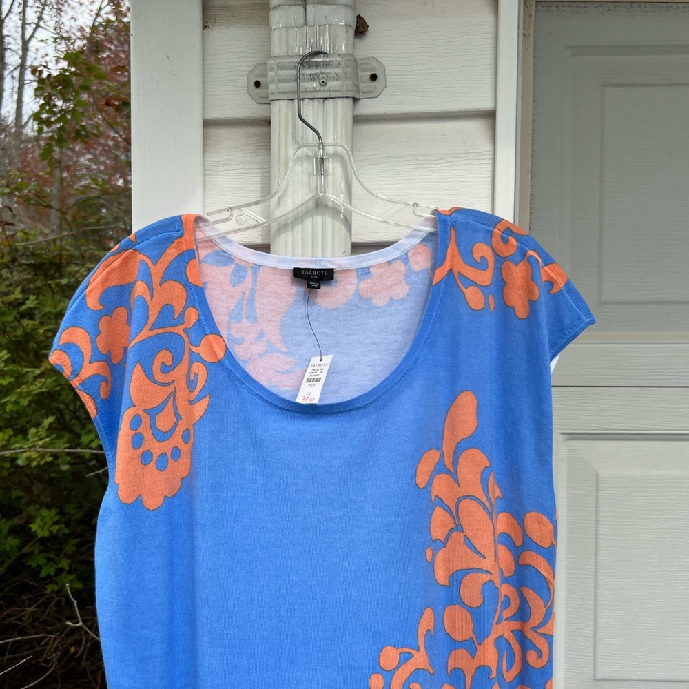 NWT Talbots Pretty Blue Orange Floral Scroll Scoop Neck Short Sleeve Sweater - Picture 2 of 4